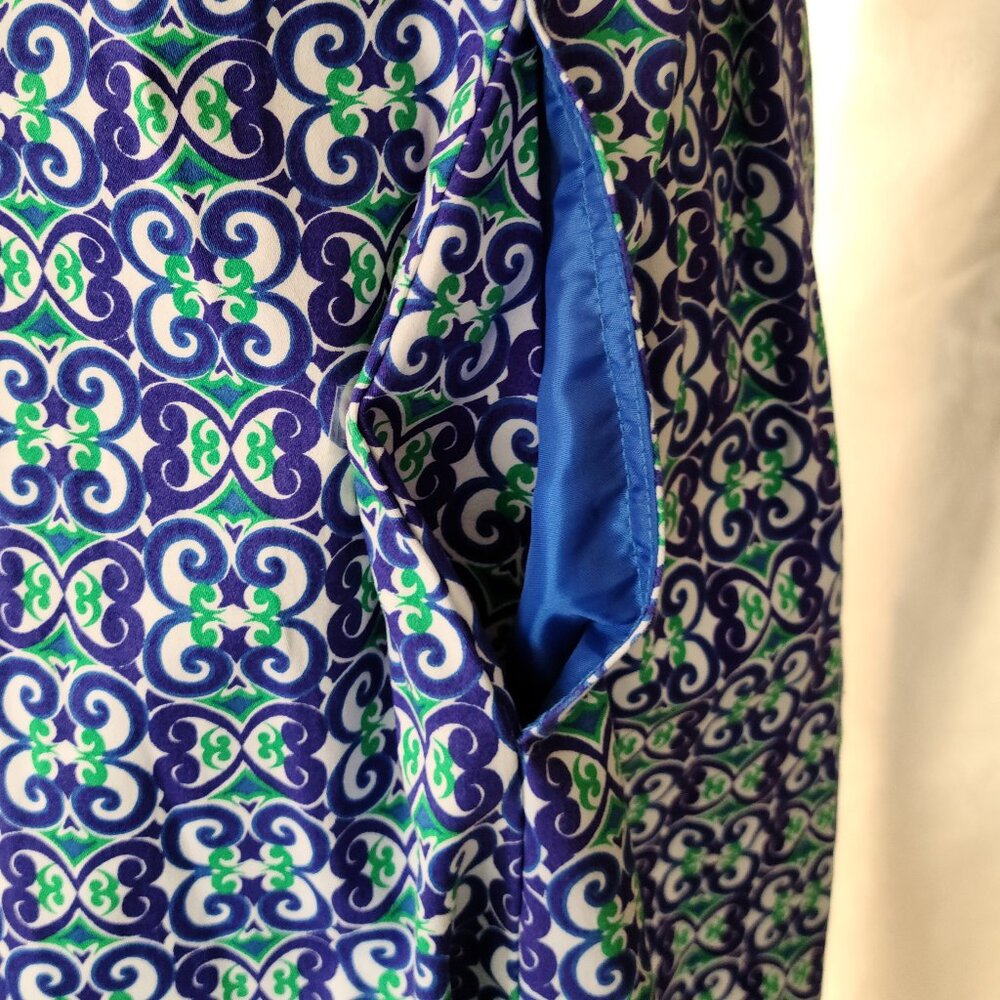 NINE WEST MIDI - SLEEVELESS--FIT& FLARE-DRESS SZ 8 ''BLUE COMBO'' GEO PRINT - Picture 5 of 15